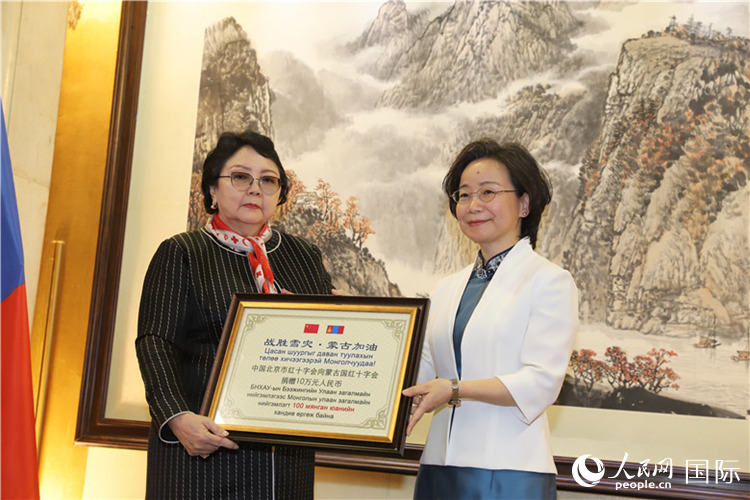 沈大使向?qū)殑跔柆敚ㄗ螅┟貢L轉(zhuǎn)交捐款。人民網(wǎng)記者 霍文攝